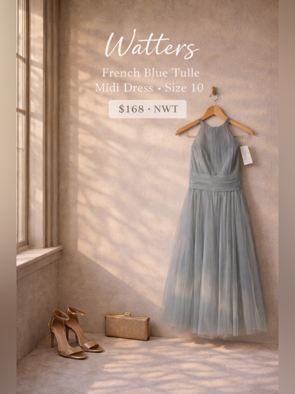 Watters Abigail 2302 French Blue Bobbinet Tulle Midi Dress Size 10 NWT